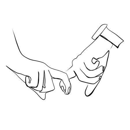 Continuous drawing of lines. Line art two hands of lovers. Continuous drawing of lines. Vector minimalistic wedding designのイラスト素材