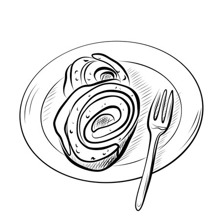 Line drawing. Line art sweet roll on a plate with a fork.のイラスト素材