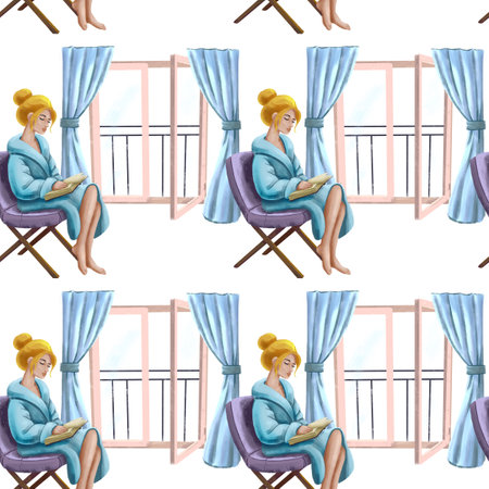 seamless pattern spring moments - woman on a chair with a book, windowの写真素材
