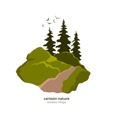 Cartoon hills and forest. Isolated image of firs on mountain. Landscape of wood road. Nature sceneryのイラスト素材
