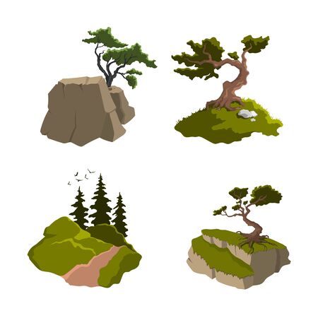 Set of Isolated trees. Nature landscape with forest plants, fir and mountains. Outdoor scene in cartoon style on white background. Natural sceneryのイラスト素材