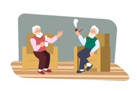 Two friends are talking in living room. Old people are resting. Grandfathers in armchairs speak. Happy pemsioner men. Isolated image. Vector illustration のイラスト素材
