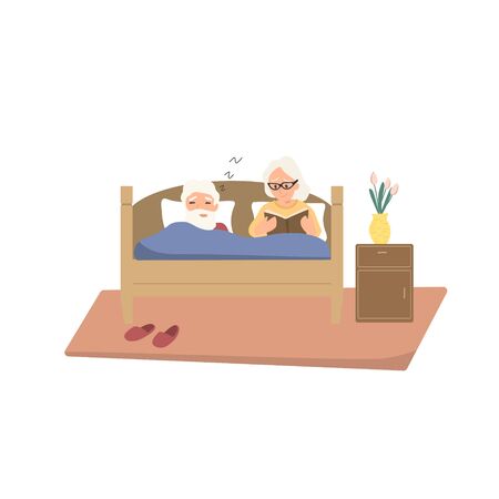 Old people sleep in bedroom. Grandfather and grandmother resting. Isolated image of adult family. Wife and husbandのイラスト素材
