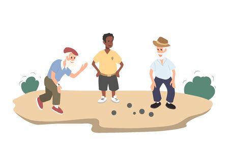 Old people gaming petanque. Grandfather play with friend. Isolated image of outdoor sport. Adult men in cartoon styleのイラスト素材