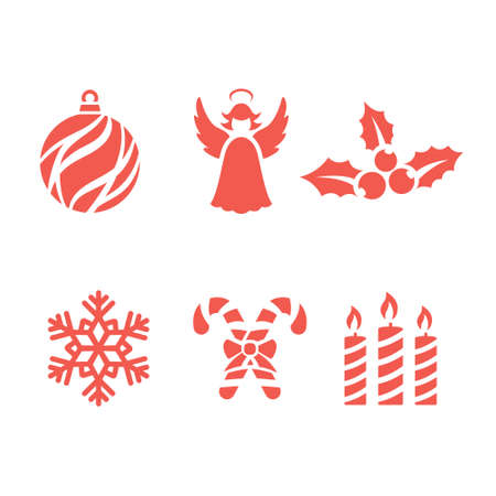 Christmas icons. Red angel, candles, ball and holly berry. New year signs collection. Isolated snowflakeのイラスト素材