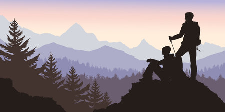 Travel mountains landscape. Silhouette of tourists on rock. Forest horizontal background. Extreme tourism panorama. Adventure outdoor sceneのイラスト素材