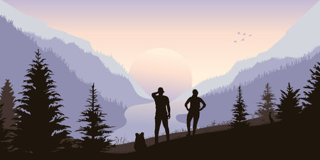 Mountains landscape poster. Tourist silhouettes on rock. Outdoor panorama of hills and forest. Adventure scene. Tourism backgroundのイラスト素材