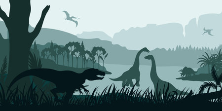 Prehistoric landscape with dinosaurs. Dino silhouette. Gigantic reptiles scene. Jurassic wildlife background. Ancient forestのイラスト素材