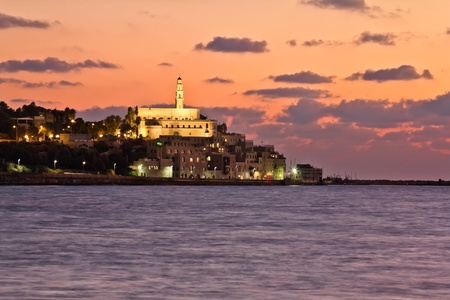 The Tel Aviv promenade at sunset The lights of Jaffa at sunsetの写真素材