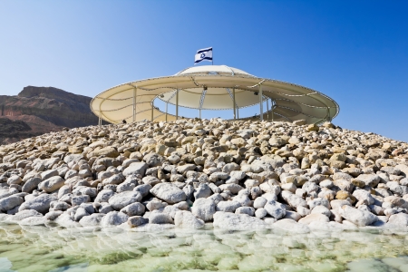 Sun canopies on the beaches of the dead sea in Israelの写真素材