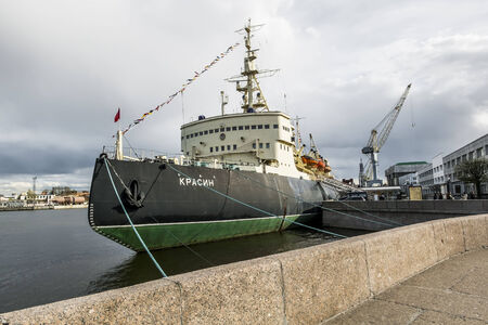 Ice-breaker "Krasin"  moored to Lieutenant Schmidt embankment in Saint Petersburg. Icebreaker Festival in St. Petersburg May 3, 2014のeditorial素材