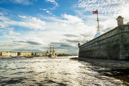 Swedish sailing ship "Tre Cronor" in the waters of the Neva River in St. Petersburg on the eve of the feast of "Scarlet sails", Russia, June 19, 2014のeditorial素材