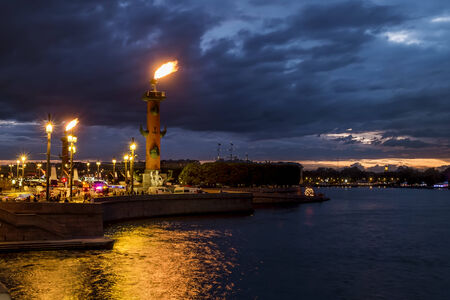Rostral columns lit by illumination of the white nights at dawn, St. Petersburg, Russiaの写真素材