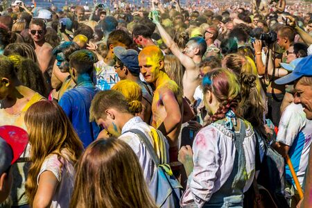 Young people in the Indian paints festival "The color party" in Sestroretsk on the beach in the Park "Dubki", July 28, 2014,Saint-petersburg regionのeditorial素材