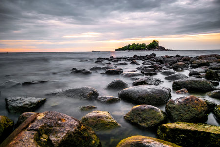 Out in the Finskiy Gulf from the sea port of St. Petersburg at sunset,Kanonersky island