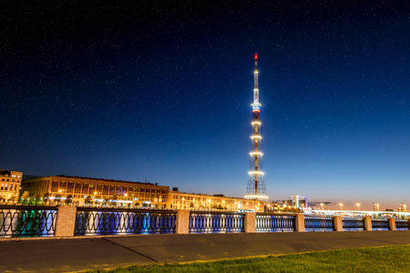 The TV Tower of the Leningrad Radiotelevision transmission Center, St. Petersburg, with night illumination,30 august 2014のeditorial素材