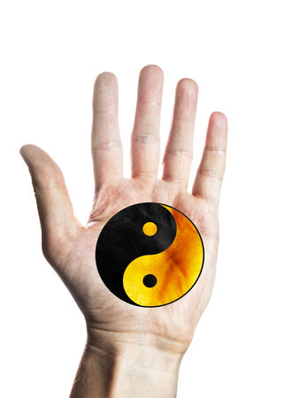 Men's Palm with painted Chinese character "Yin Yang"の写真素材
