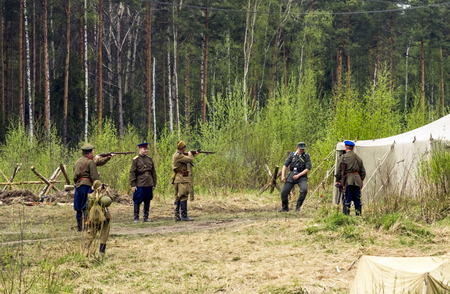 Reconstruction of the battle of the second world war between the Russians and the Germans in Rzhevsky forest Park
 in St. Petersburg May 13, 2013のeditorial素材