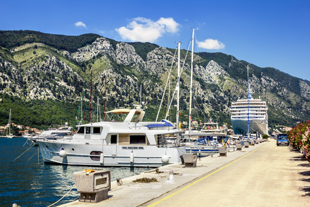 Navy Pier with yachts and cruise liners in the town of Kotor ,Montenegroの写真素材