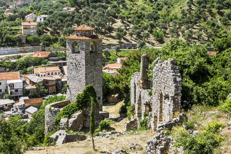 Clock tower in the Fortress in the old town of Bar in Montenegro on a sunny summer dayの写真素材