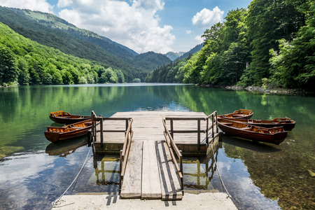 boats on Biogradska Lake in  National Park Biogradska Gora.Montenegro.の写真素材