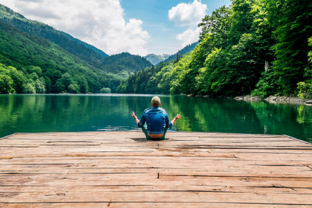 The man meditating in lotus position on Biogradsko lake in the national park Biogradska Gora.Montenegro.の写真素材