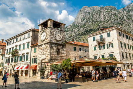 June 6, 2015.Kotor.Clock tower on the square in the old town of Kotor. Montenegroのeditorial素材