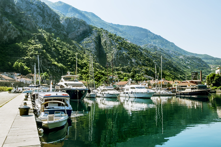 Navy Pier with yachts in the town of Kotor, Montenegroの写真素材