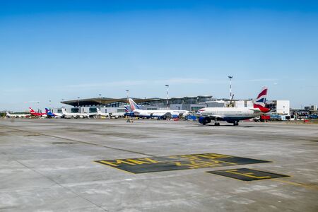 06 June 2015. St. Petersburg.runway with the aircraft at Pulkovo airport in St. Petersburg.Russia.のeditorial素材