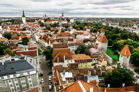 The view from the top of the Cathedral of St. Olaf  in old Tallinn at sunset. Estonia.のeditorial素材