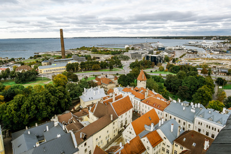 The view from the top of the Cathedral of St. Olaf  in old Tallinn at sunset. Estonia.のeditorial素材