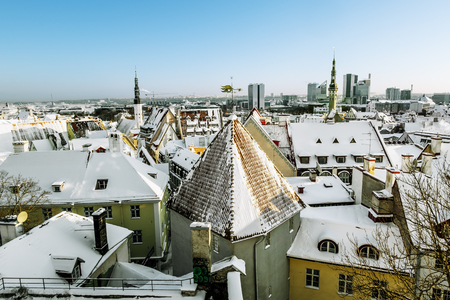 January 6, 2016.Tallinn. View of the roofs of the old town of Tallinn in winter. Estoniaのeditorial素材