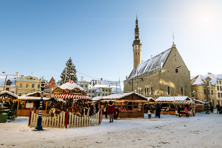 January 6, 2016.Tallinn.View of the Christmas market on town hall square in Tallinn in winter . Estonia.のeditorial素材