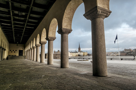 5 January  2016.Stockholm. View on the main colonnade of the city hall of Stockholm in winter, Swedenのeditorial素材