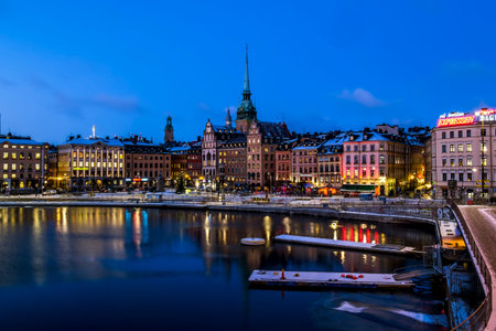5 january 2016. Stockholm. view of the old town Gamla Stan in Stockholm at evening illumination in winter.Sweden.のeditorial素材