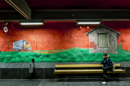 January 5, 2016. Stockholm. The interior and the paintings on the walls at the station "Solna Centrum" in Stockholm metro.Sweden.のeditorial素材