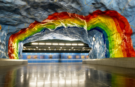 January 5, 2016. Stockholm. The interior and the escalators of station "Stadion" in Stockholm metro.Sweden.のeditorial素材
