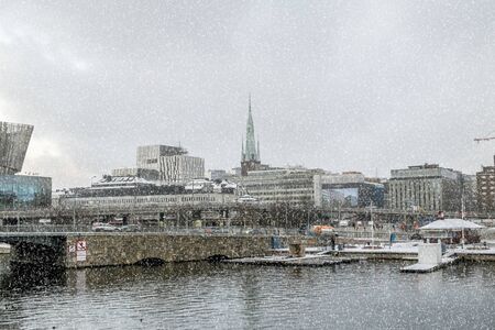January 5, 2016.Stockholm. The quays in the centre of Stockholm during a snowfall. Sweden.のeditorial素材