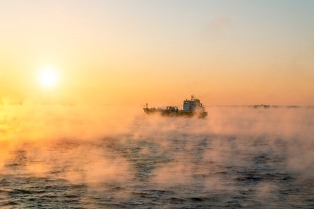 January 5, 2016.Of the Baltic sea. The ship sails at dawn in the fog of the cold winter sea.Estoniaのeditorial素材