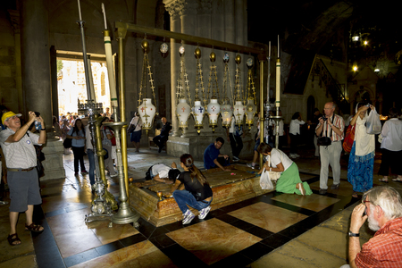 September 23, 2012 .Jerusalem. The stone of anointing at the Church of the Holy sepulchre in Jerusalem Israel.のeditorial素材