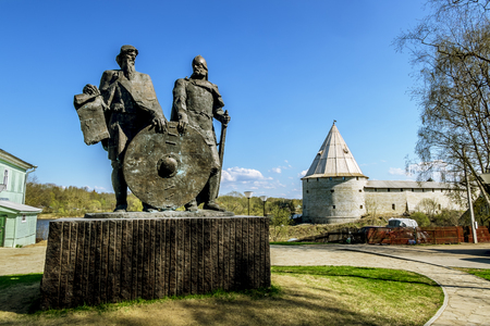 02 may 2016. Staraya Ladoga.The monument to princes Rurik and Oleg Prophetic in the Old Ladoga.Russia.のeditorial素材