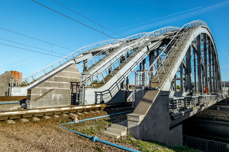 8 may 2016. Saint-Petersburg. Train American bridges over Obvodny canal in St. Petersburg. Russia