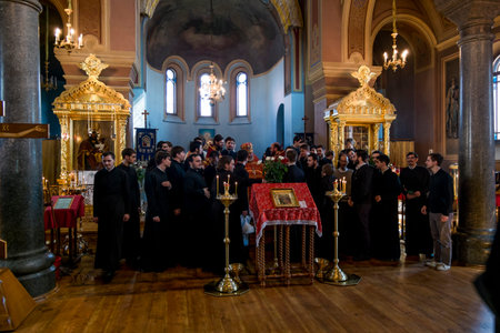 02 may 2016. Staraya Ladoga.The brethren in a Festive Easter service at the St. Nicholas monastery...