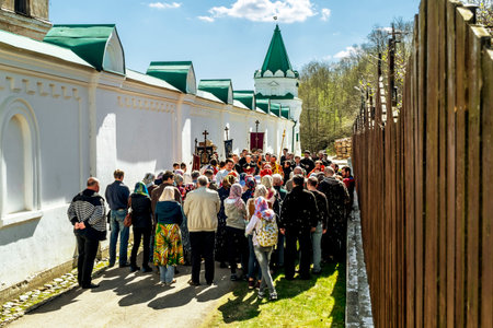 02 may 2016. Staraya Ladoga.The procession at the festival of Easter in St. Nicholas monastery in...