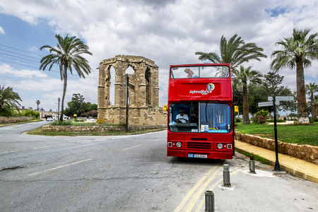 May 24, 2016.Famagusta.Red tourist double Decker bus on the street in Famagusta .Northern Cyprus.のeditorial素材