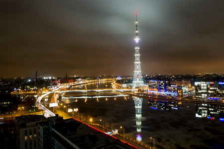 Saint-Petersburg .Russia.December 31, 2016.The view from the height on the Neva river and television tower in the evening illuminations in St. Petersburg.のeditorial素材