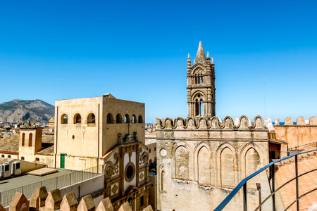 Palermo.Italy.May 26, 2017.View of the historic centre and Cathedral from the roof in Palermo. Sicilyのeditorial素材