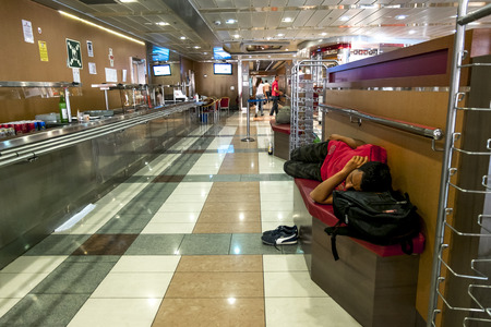 Palermo.Italy.27 may 2017.The passengers of the ferry "Grimaldi lines"  sleeping on the floor on the passenger decks.のeditorial素材