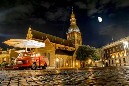 Riga .Latvia.7 September 2017.The views of the Cathedral and the old town in Riga at the moon.のeditorial素材