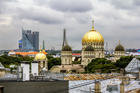 Riga .Latvia.7 September 2017.The view of the Orthodox Nativity of Christ Cathedral  in Riga from a height.のeditorial素材